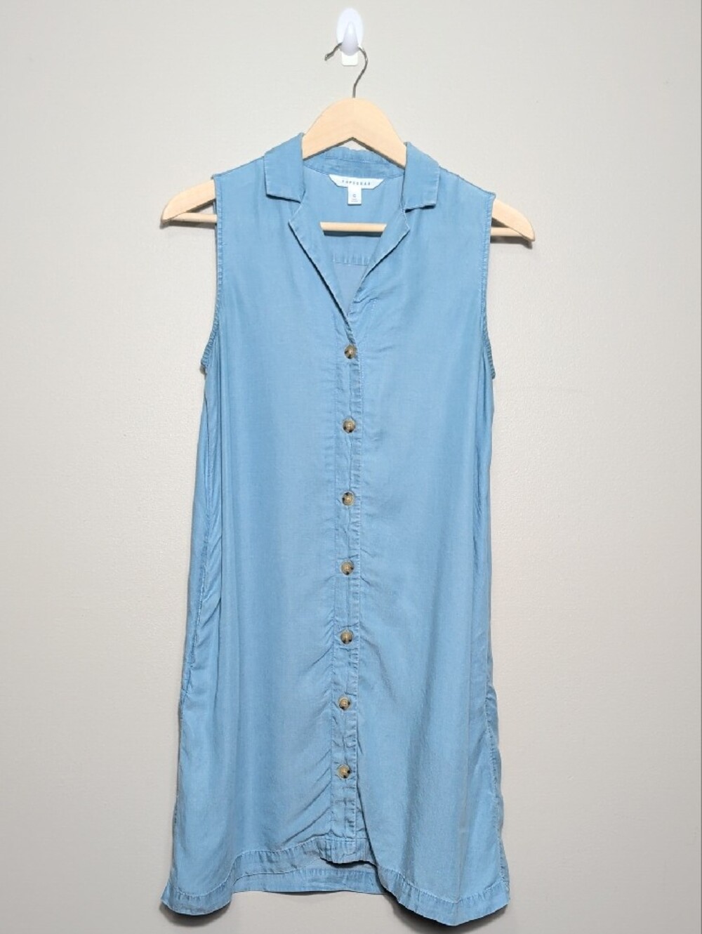 POPSUGAR Chambray Sleeveless Blue Button-Front Mini Shirt Dress Pockets‎ Small